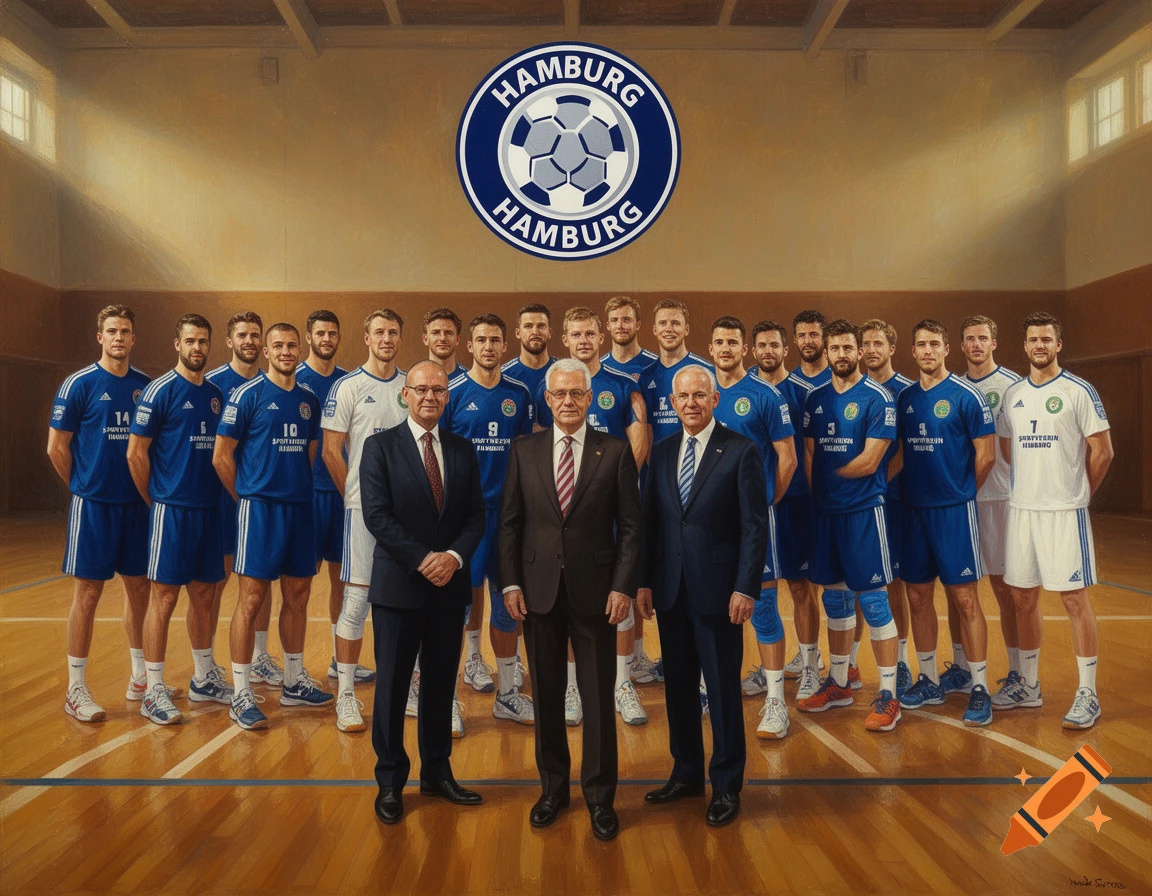 An oil painting of a handball team in blue and white jerseys, posing with three officials in suits on a wooden gym floor, beneath a "Hamburg" logo.