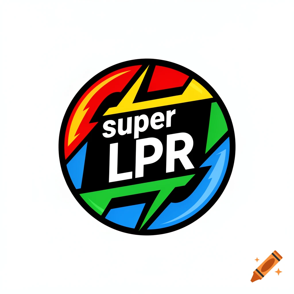 A colorful circular superhero badge with a black background, red, yellow, green, and blue segments, and white text 'super LPR'.