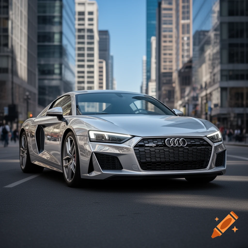 A sleek silver Audi sports car parked on a city street with tall modern buildings under a clear sky, photorealistic.