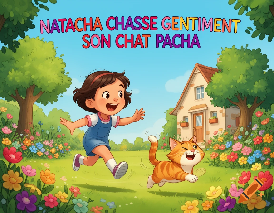 A joyful cartoon illustration of a girl chasing her winking cat in a sunny garden with a house and colorful flowers.