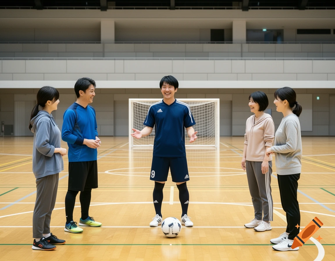 A smiling Japanese male futsal instructor explains a drill to three adult students on an indoor court with a soccer ball.