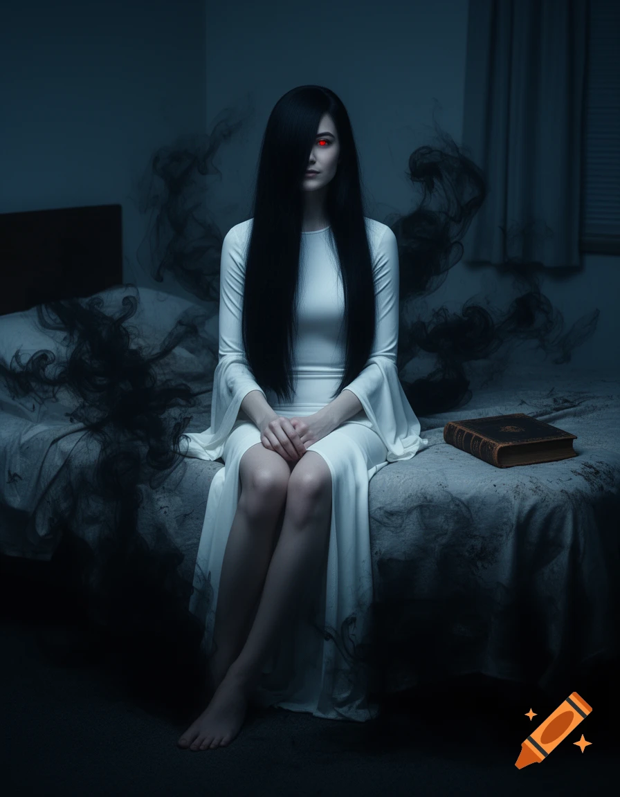 A ghost-like woman with long black hair covering one eye and red glowing eyes sits on a bed amidst black smoke in a dark room. An old book lies beside her.