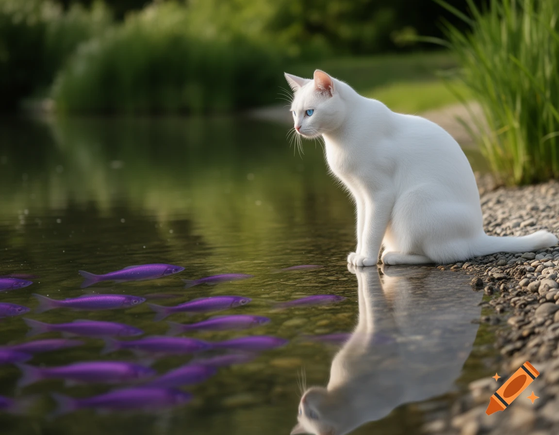A white cat with blue eyes sits by a pond, gazing at purple fish swimming in the water.