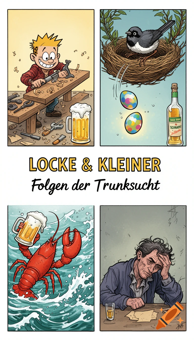 A four-panel comic in Calvin & Hobbes style, titled 'LOCK & KLEINER Folgen der Trunksucht'. It shows a boy woodworking, a bird in a nest, a lobster holding a beer, and a man looking distressed at a table with a drink.