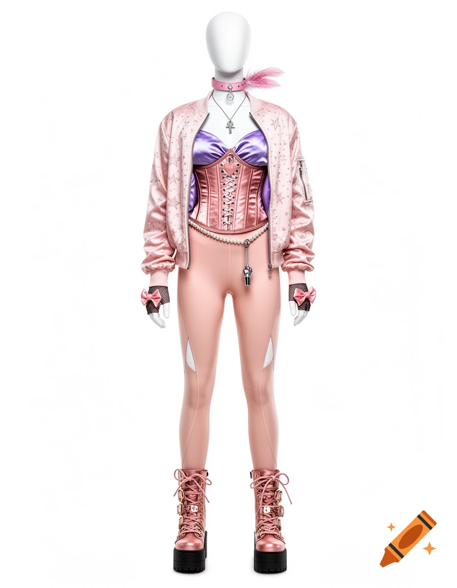 A full-body studio shot of a white mannequin wearing a 'bad-girl' outfit, including a pink satin corset, bomber jacket, leggings, and combat boots.