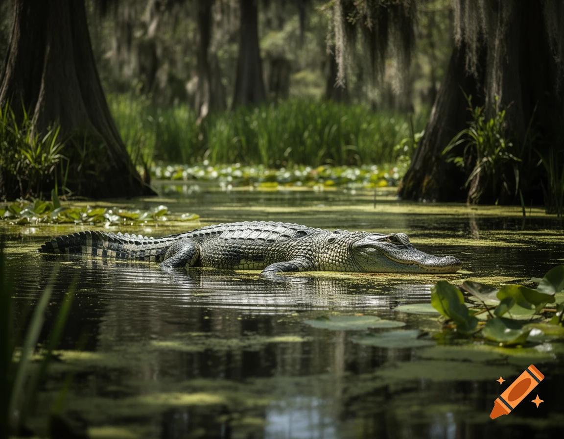 A green American alligator rests partially submerged in a murky swamp, surrounded by lily pads and cypress trees.