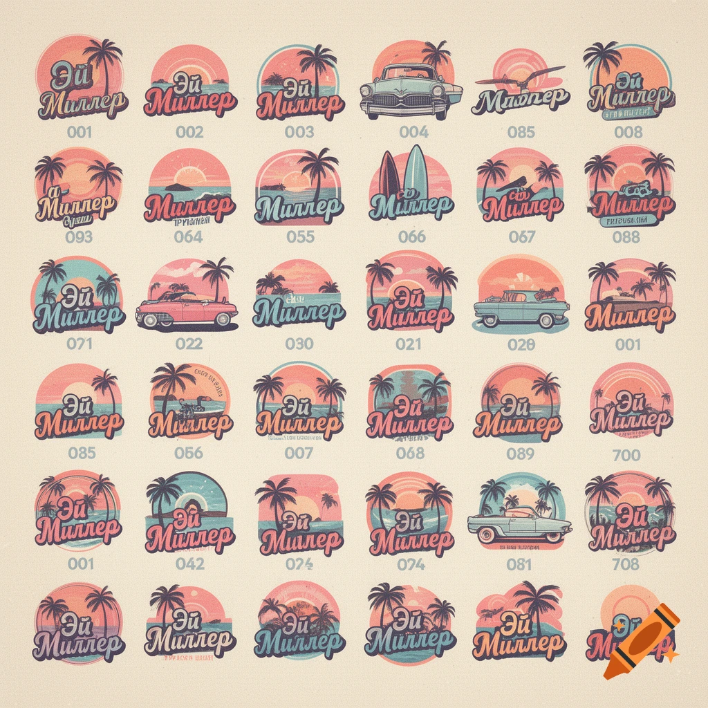 A grid of 30 retro-style tropical logos, each featuring palm trees, a sunset, and the Cyrillic text 'ЭЙ МИЛЛЕР'.
