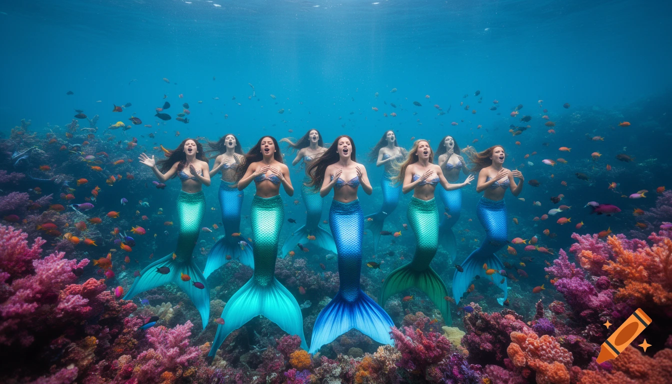 A group of mermaids with colorful tails and tops sing underwater amidst vibrant coral reefs and schools of fish.