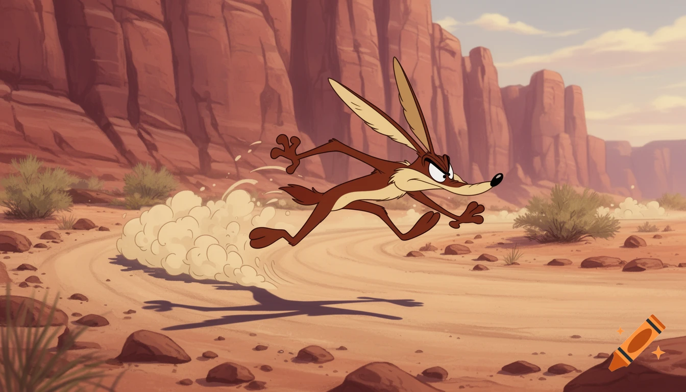 Wile E. Coyote dashes across a dusty desert road, leaving a trail of dust, with red rock formations in the background in a cartoon style.