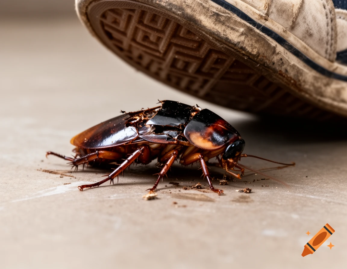 A close-up, photorealistic image of a cockroach on a light-colored floor, with the dirty sole of a shoe above it.