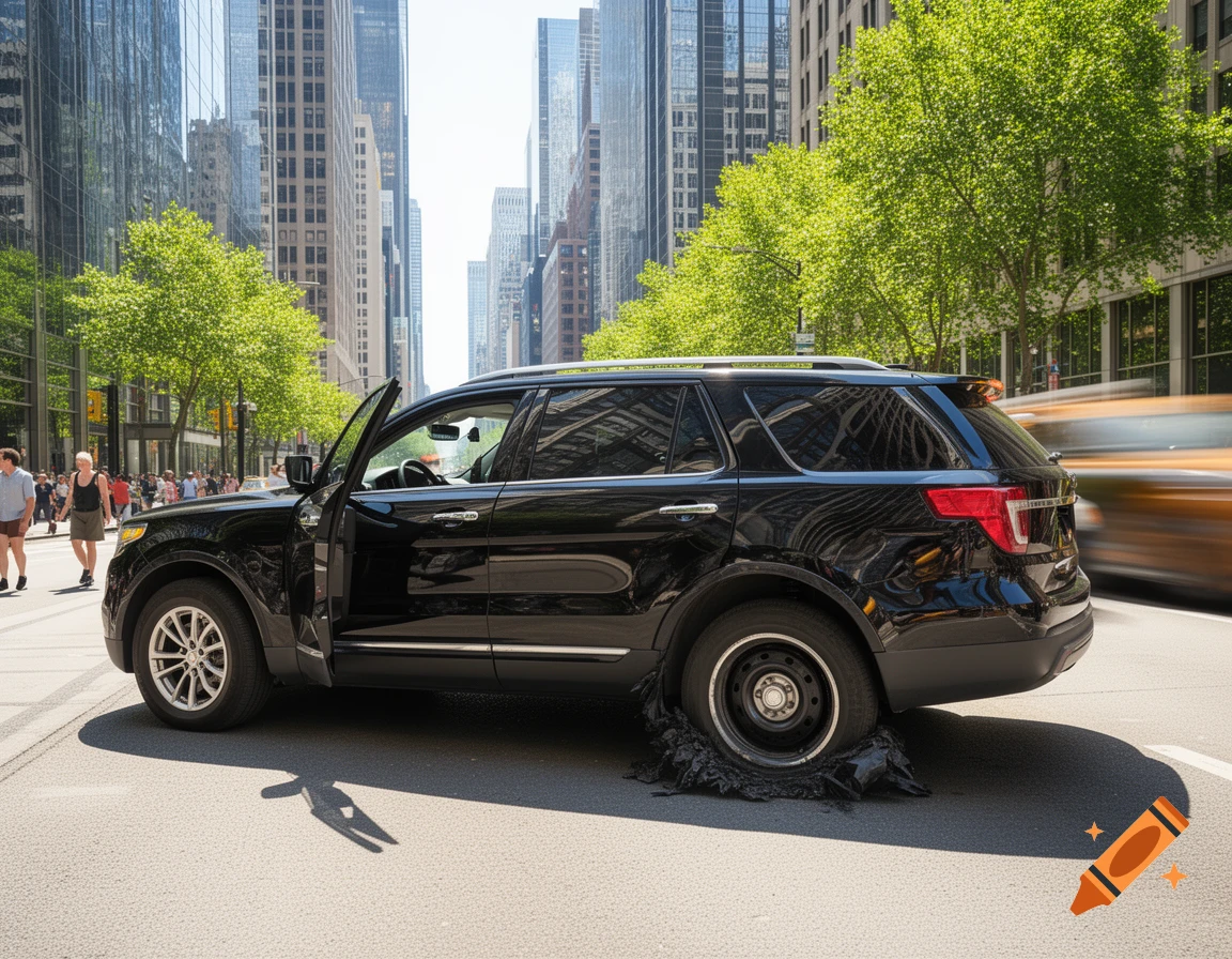 A black SUV with a blown-out rear tire is stopped on a busy city street on a sunny day.