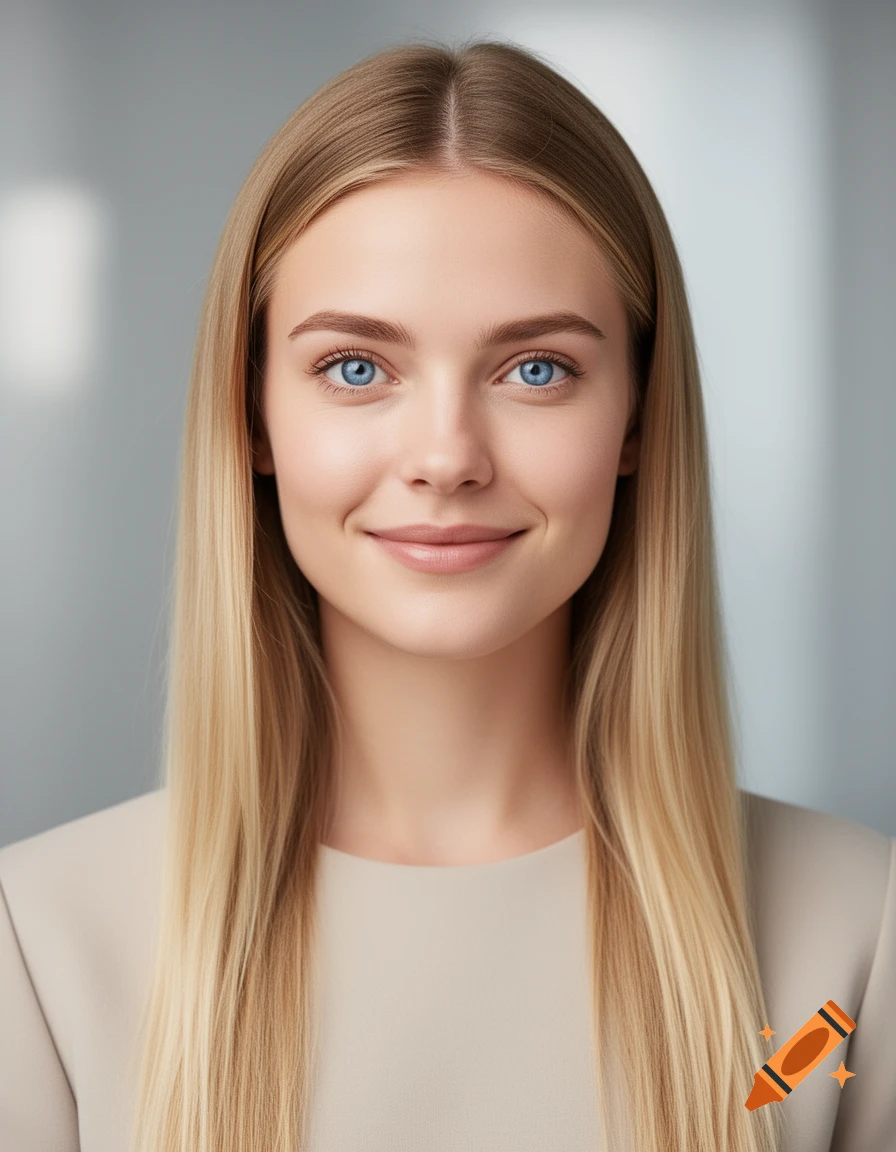 A photorealistic portrait of a young Scandinavian woman with long blonde hair and blue eyes, smiling subtly against a soft grey background.