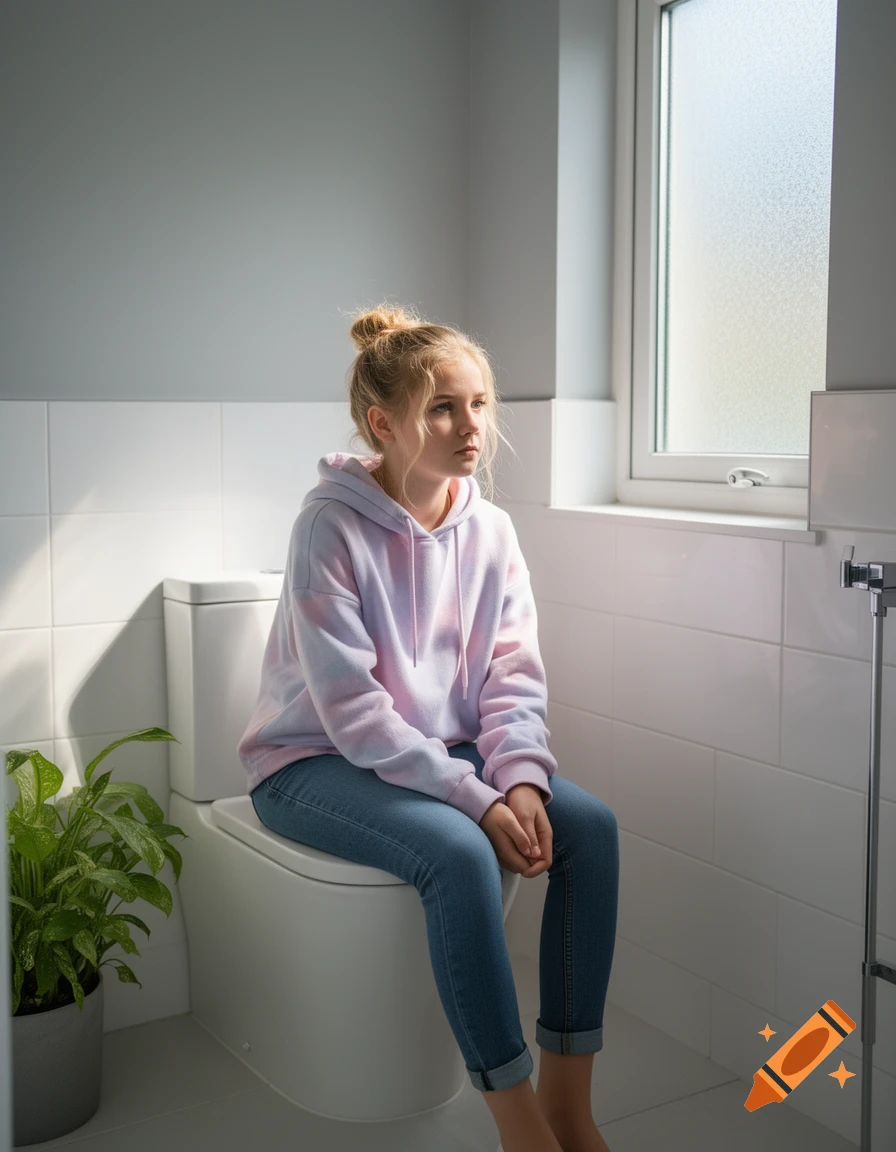 A young girl with blonde hair in a bun, wearing a tie-dye hoodie and jeans, sits on a modern white toilet in a bright bathroom.