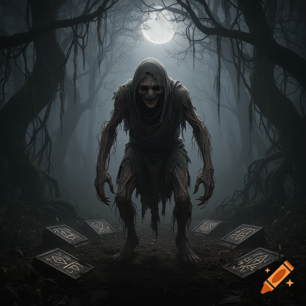 A skeletal, hooded monster stands in a dark, foggy forest under a full moon, surrounded by glowing mystic tablets.
