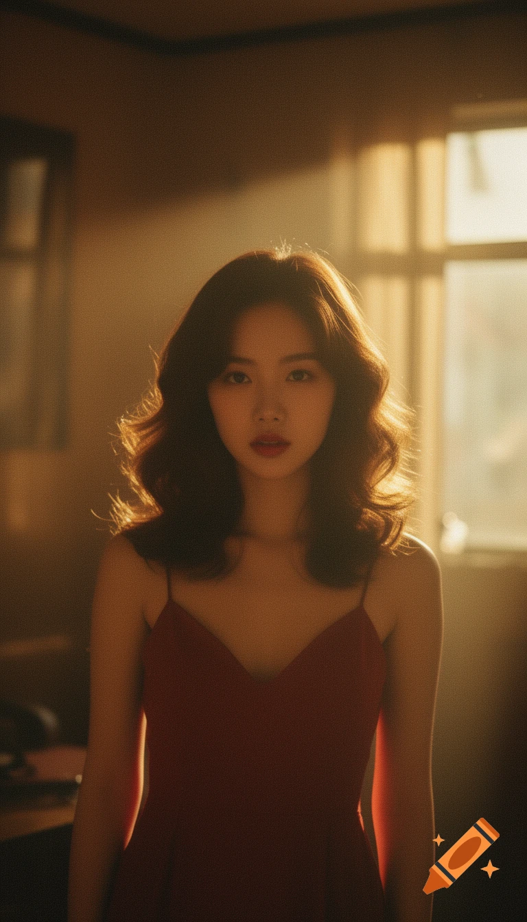A young woman with wavy dark hair wears a rust-red spaghetti strap dress, lit by dramatic warm backlight from a window in a dim room.