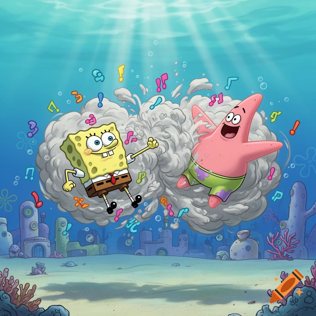 Cartoon SpongeBob and Patrick playfully fighting in an underwater dust cloud surrounded by musical notes and exclamation marks.