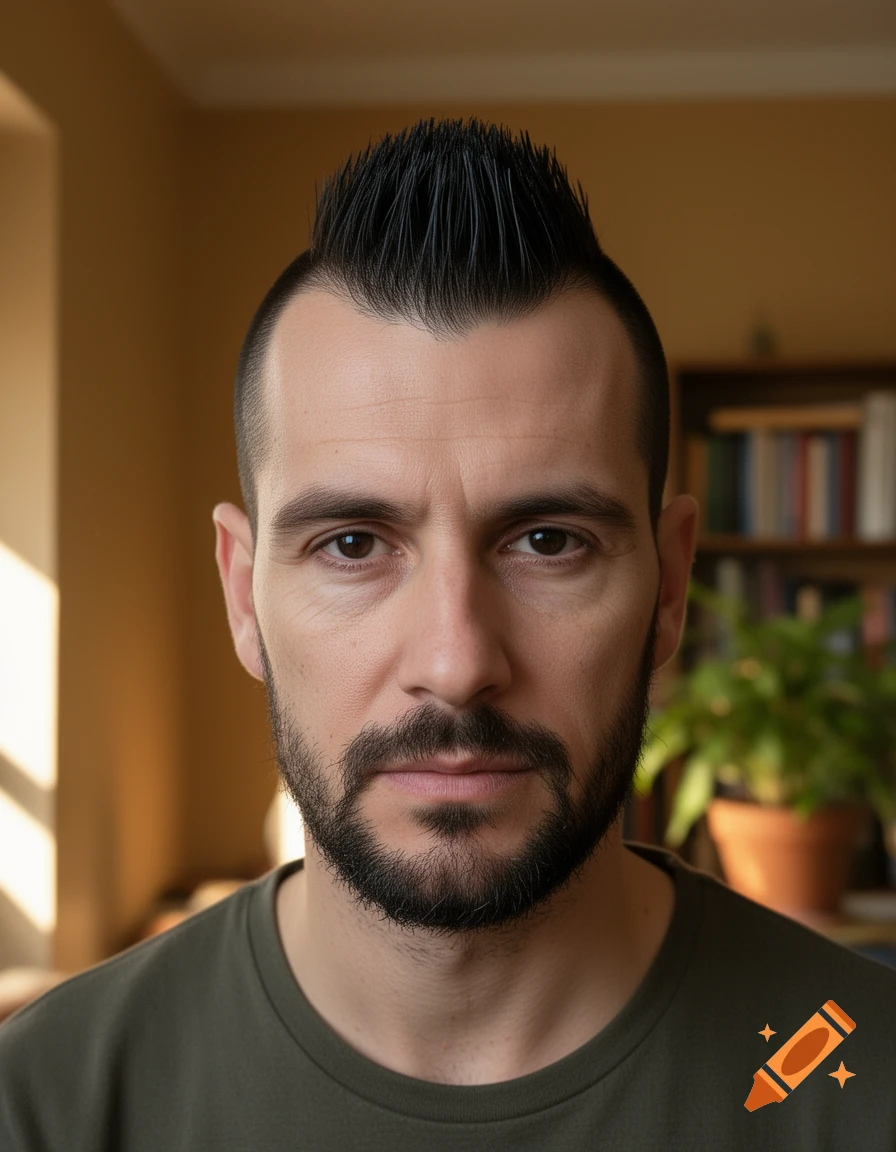 Photorealistic portrait of a man with a fohawk and beard, wearing a green shirt, against a blurred living room background.