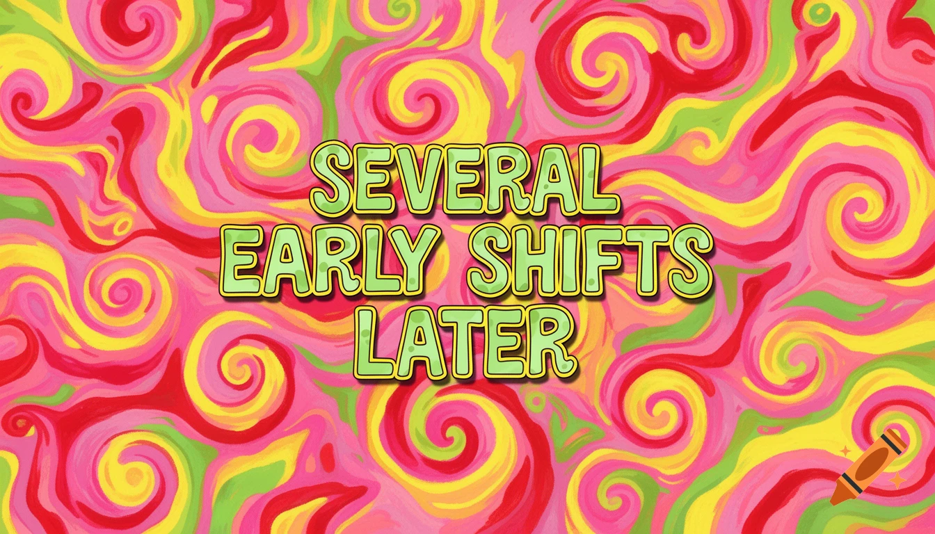 Colorful swirling background in pink, yellow, red, and green with the text "SEVERAL EARLY SHIFTS LATER" in a cartoon style.