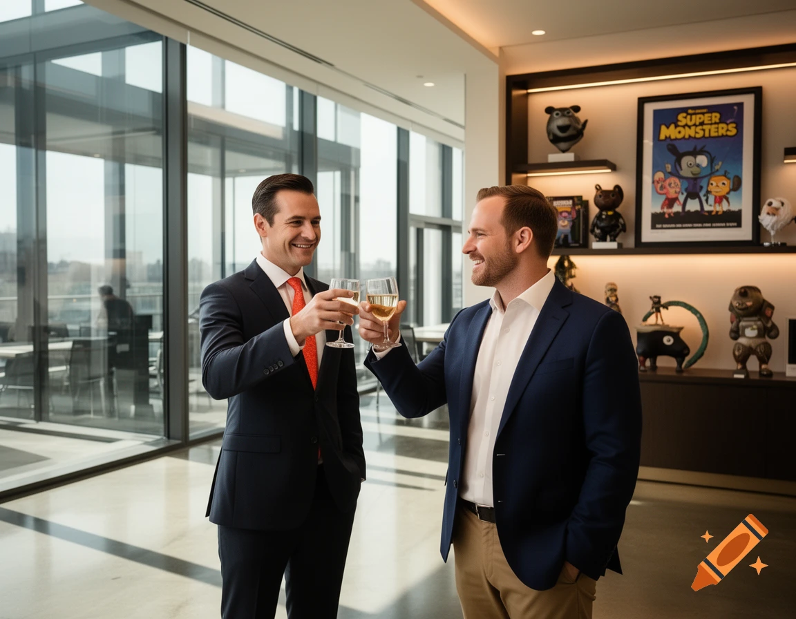 Two men in suits toast with wine glasses in a modern office with a 'Super Monsters' poster.