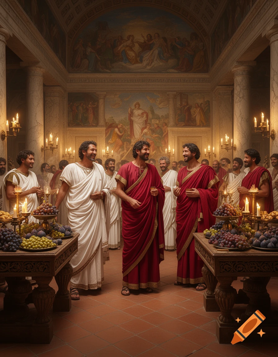 Men in togas at a Roman feast in a grand hall with murals and candelabras, tables laden with fruit.