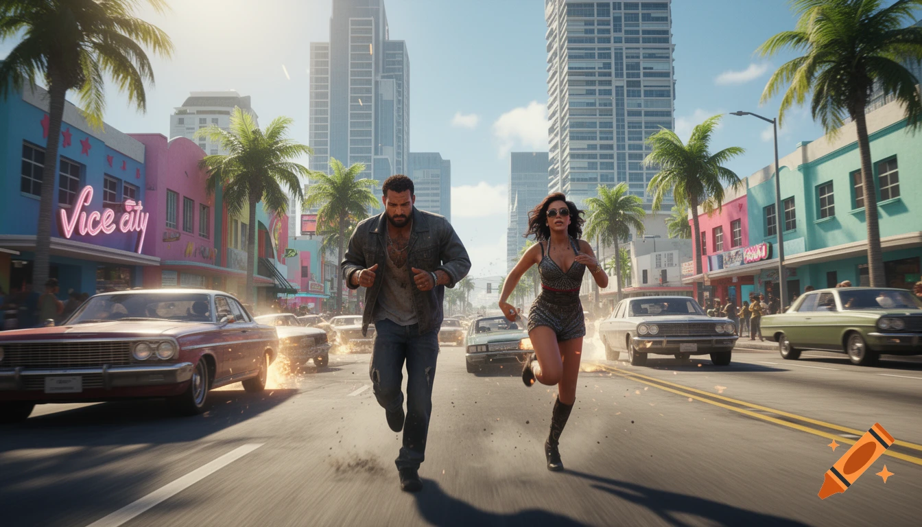A man and a woman run down a sunlit city street with palm trees, classic cars, and colorful buildings, reminiscent of Vice City.