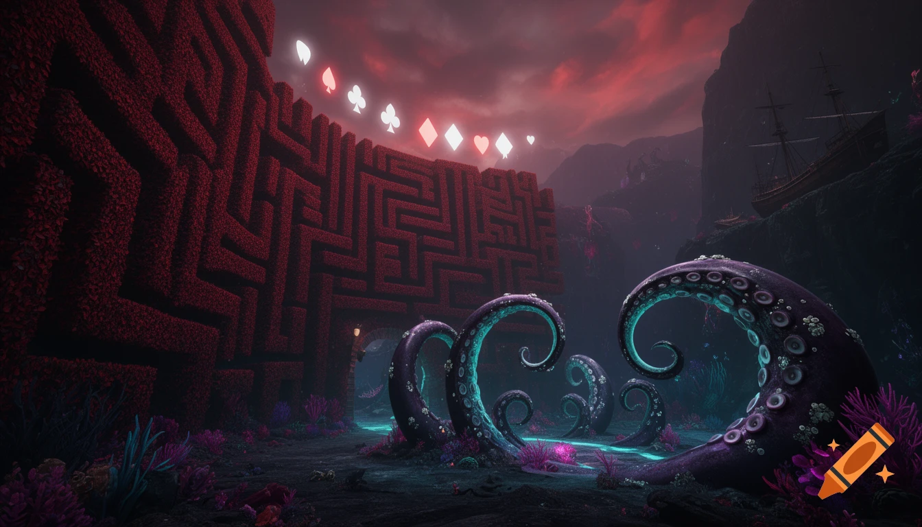 A dark fantasy landscape featuring a towering red hedge labyrinth, glowing card suit symbols in the sky, giant purple tentacles, and a distant shipwreck under a dramatic red sky.