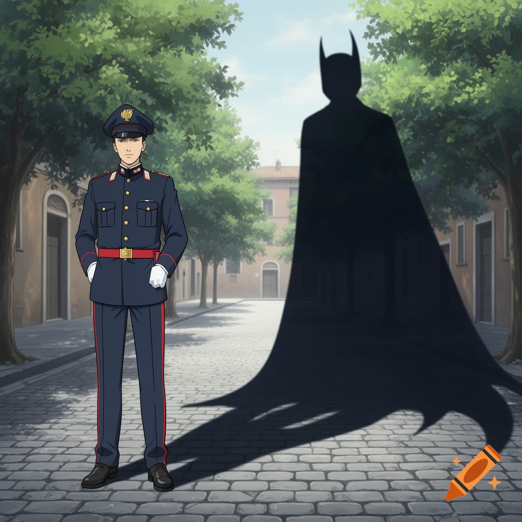 An anime man in a dark blue Carabiniere uniform with a red belt stands on a cobblestone street, casting a long shadow shaped like Batman.
