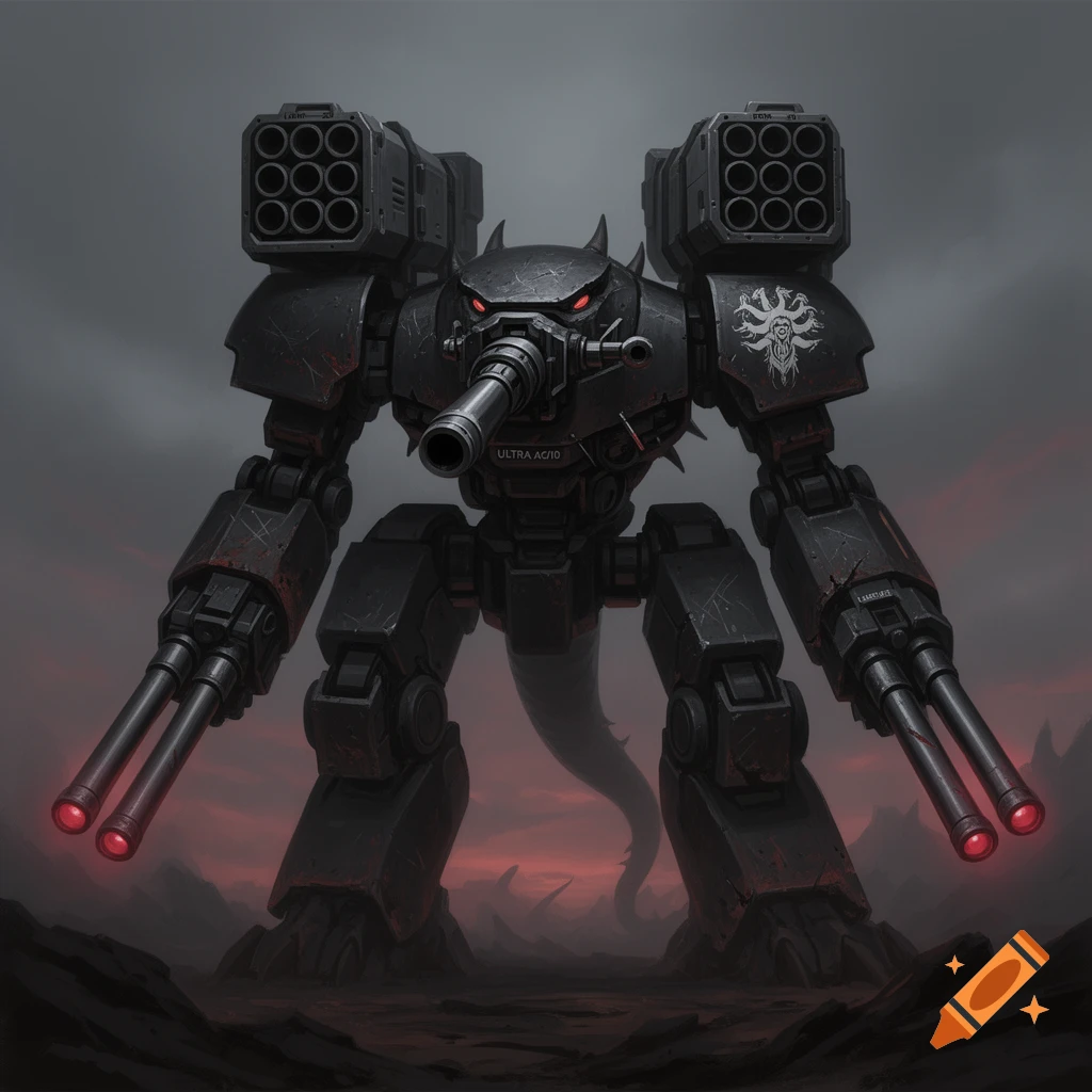 A dark, heavily armored siege mech with missile launchers on its shoulders, a large autocannon on its chest, and dual laser cannons on its arms, standing in a desolate, reddish landscape.