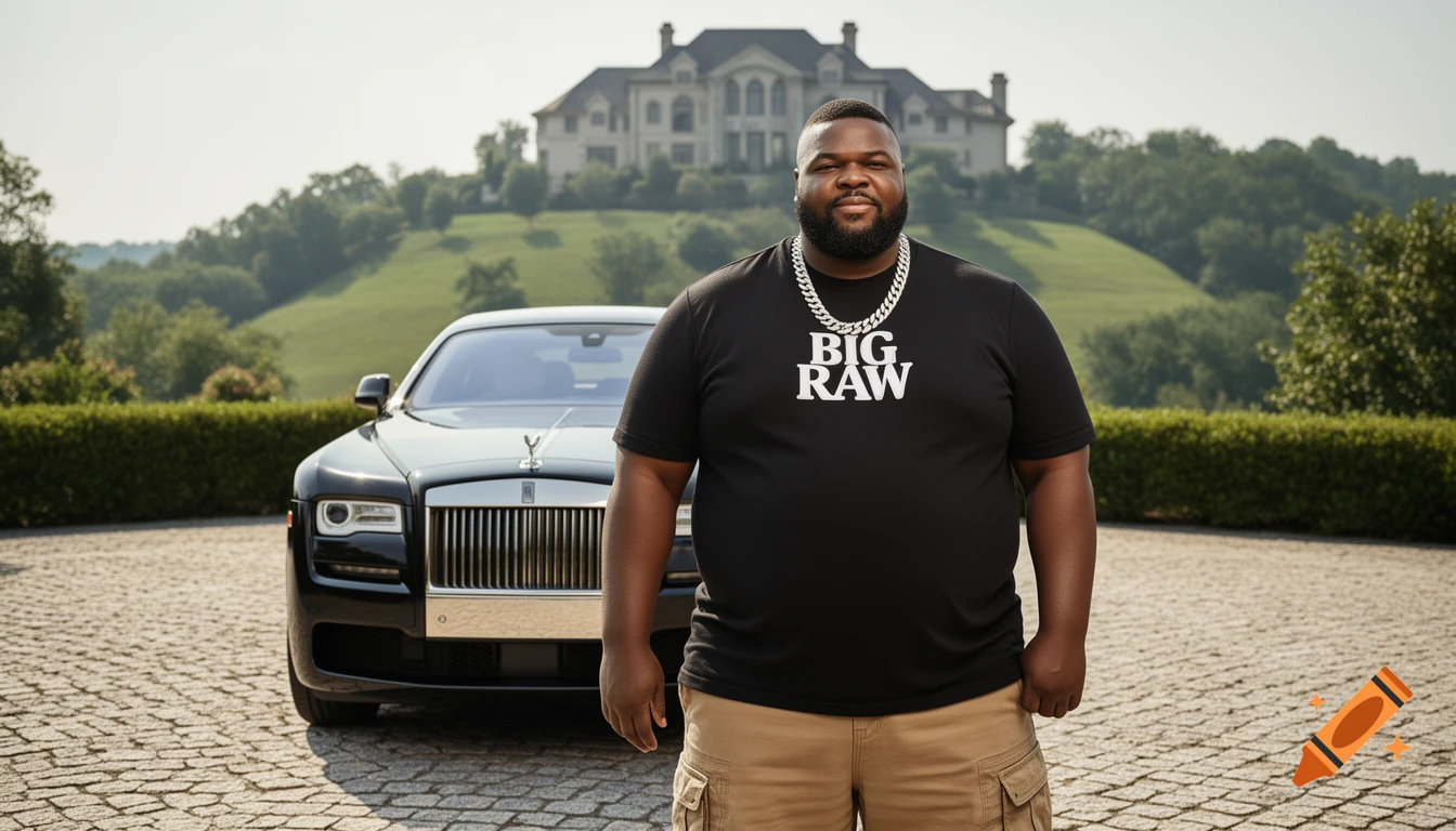 A man in a black t-shirt stands before a black Rolls Royce and a mansion on a sunny day.