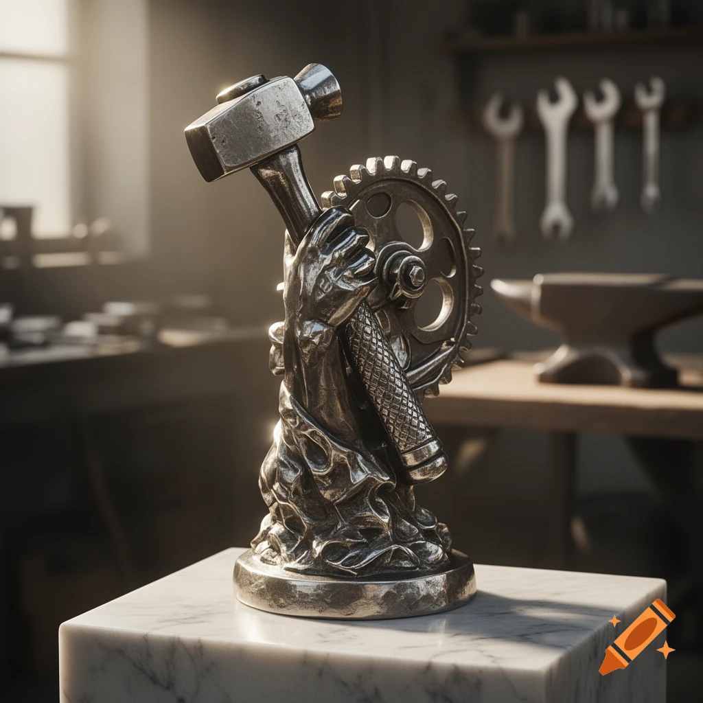A detailed metallic statue featuring a hand clutching a hammer and a gear, standing on a marble pedestal in a workshop.