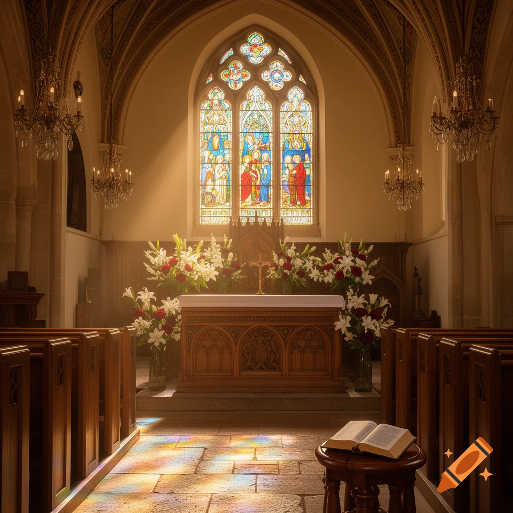 Photorealistic image of a sunlit church interior with an altar, vibrant stained glass windows, wooden pews, and an open bible on a stool.