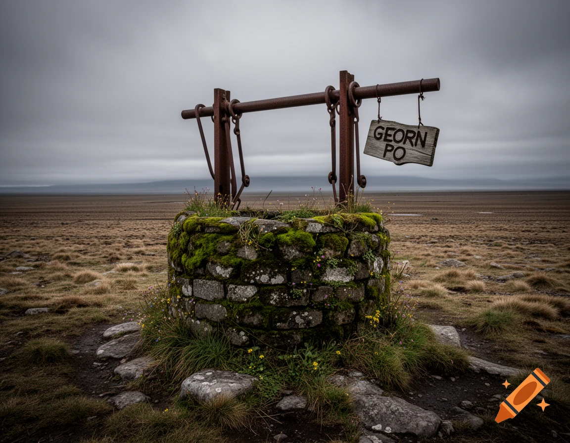 A moss-covered stone well with a rusty mechanism and a 'GEORN PO' sign in a dry, grassy, desolate landscape under a cloudy sky.