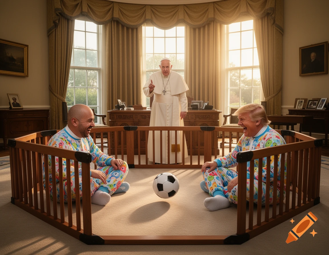 Pope Francis watches Donald Trump and another man in baby onesies play with a soccer ball in a playpen in the Oval Office.