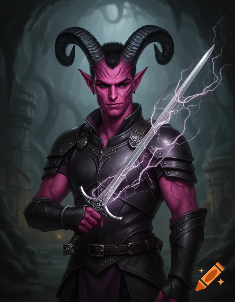 A male Tiefling with deep pink skin, black ram horns, and black armor holds a glowing silver rapier in a dark fantasy setting.