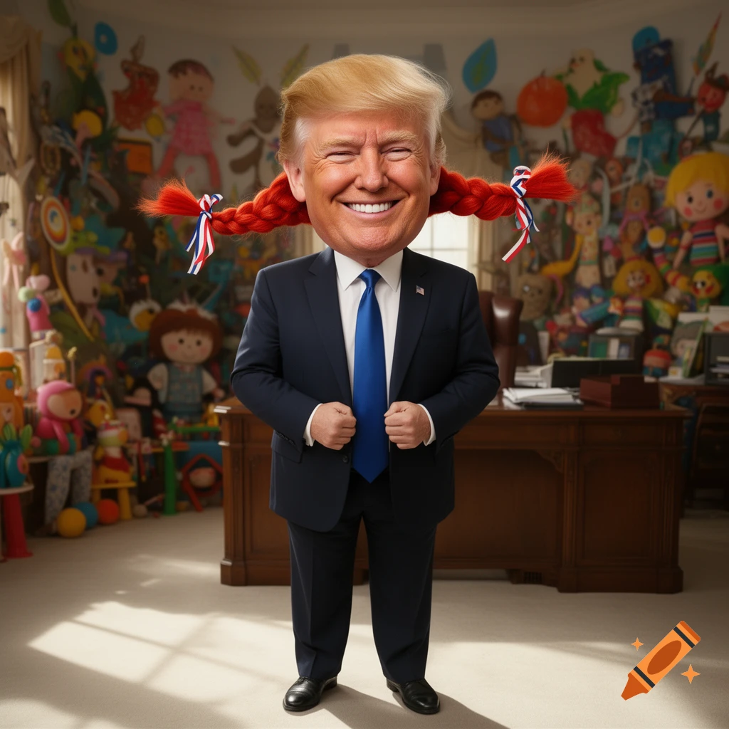 Caricature of Donald Trump with Pippi Longstocking's red braids, smiling in a room filled with colorful toys.