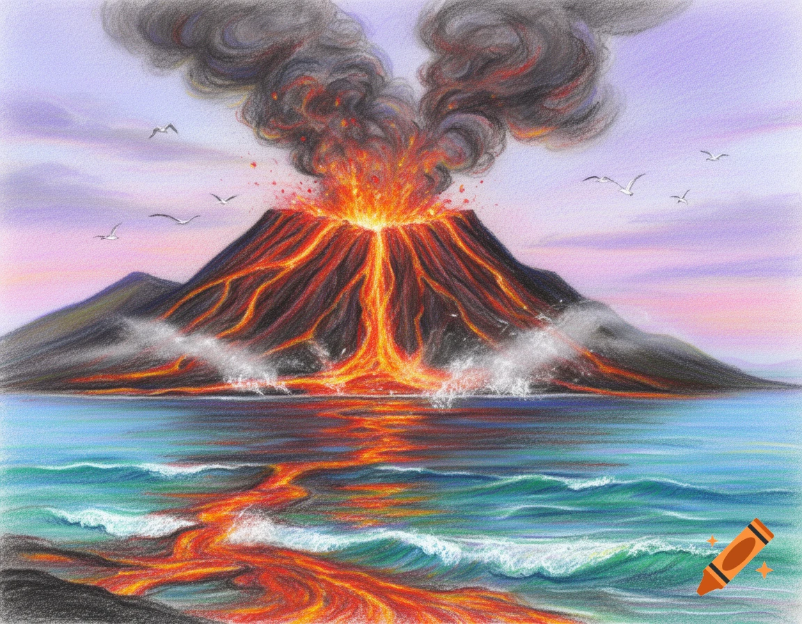 Pastel chalk illustration of a volcanic eruption with lava flowing into the ocean, reflecting in the water under a colorful sky with seagulls.