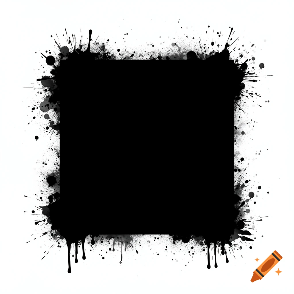 A perfectly centered black square with heavy black ink splatters, paint drips, and grunge spray effects bleeding onto a white background.