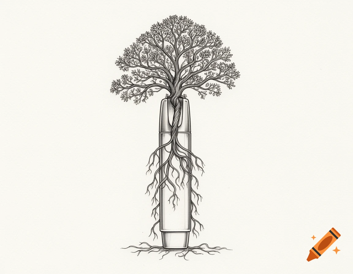Fineliner drawing of a tree with roots emerging from and wrapping around a standing highlighter pen.