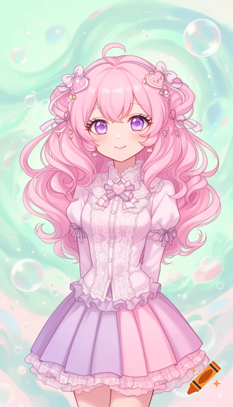 An anime girl with pink curly hair, purple eyes, wearing a white lace top and a pastel pink and purple skirt, with bubbles in the background.