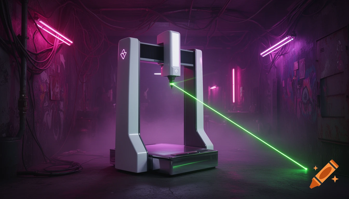 A pristine white 3D Coordinate Measuring Machine with a neon green laser projects into a hazy, gritty cyberpunk industrial room with pink neon lights.