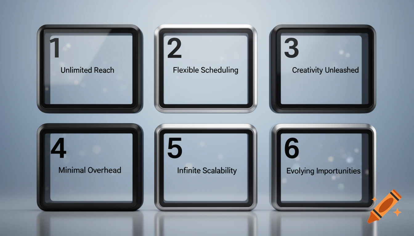Six numbered, sleek black and silver boxes display business concepts like 'Unlimited Reach', 'Flexible Scheduling', and 'Infinite Scalability', against a blue-grey background.