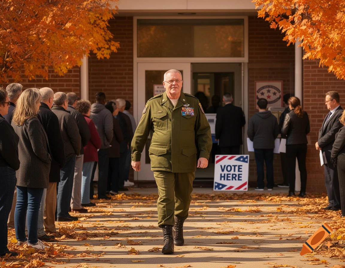 A military veteran in uniform walks past a line of diverse people waiting outside a polling place, with autumn leaves on the ground.