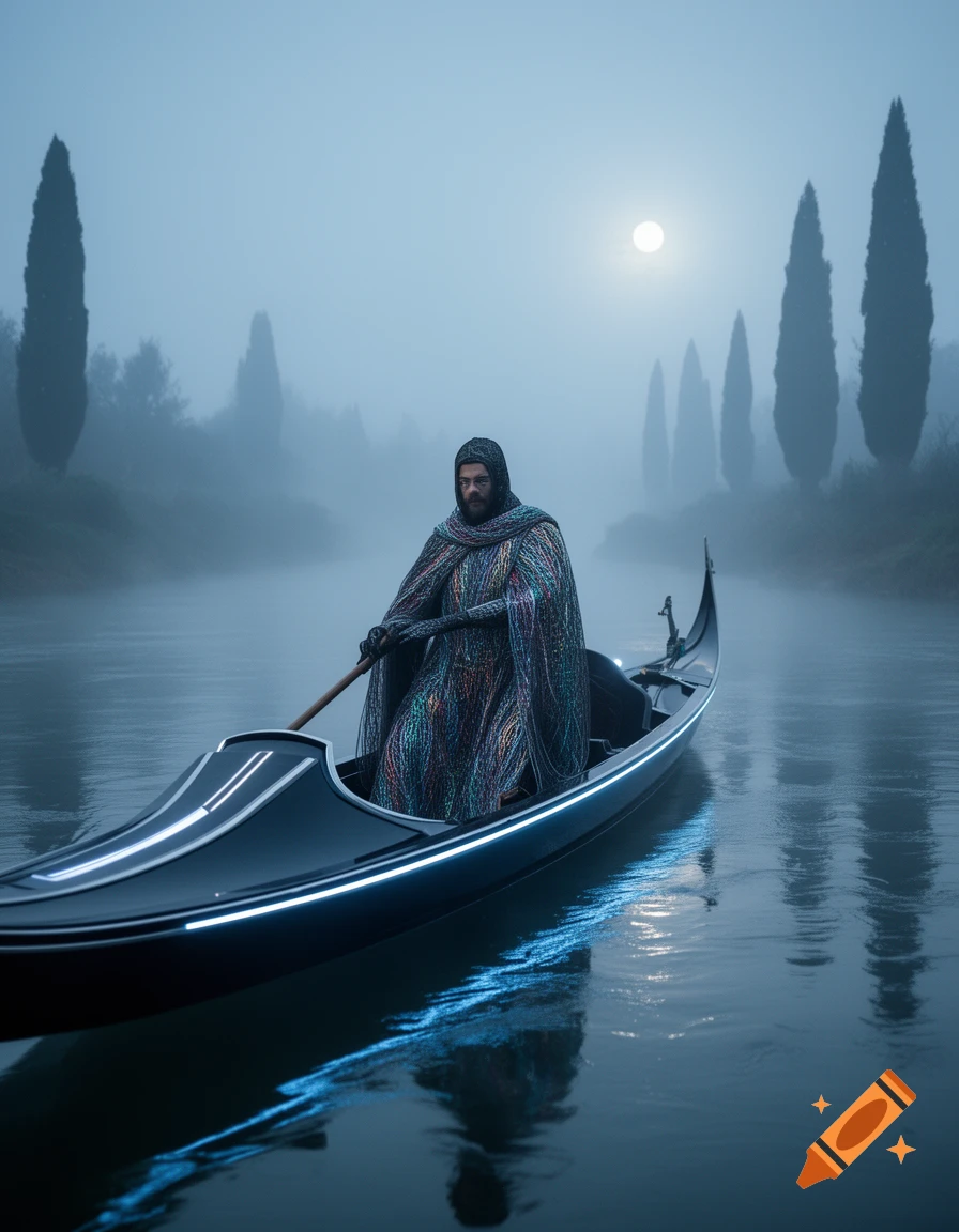 A cloaked figure navigates a glowing, modern gondola on a foggy river under a full moon, with tall trees in the mist.