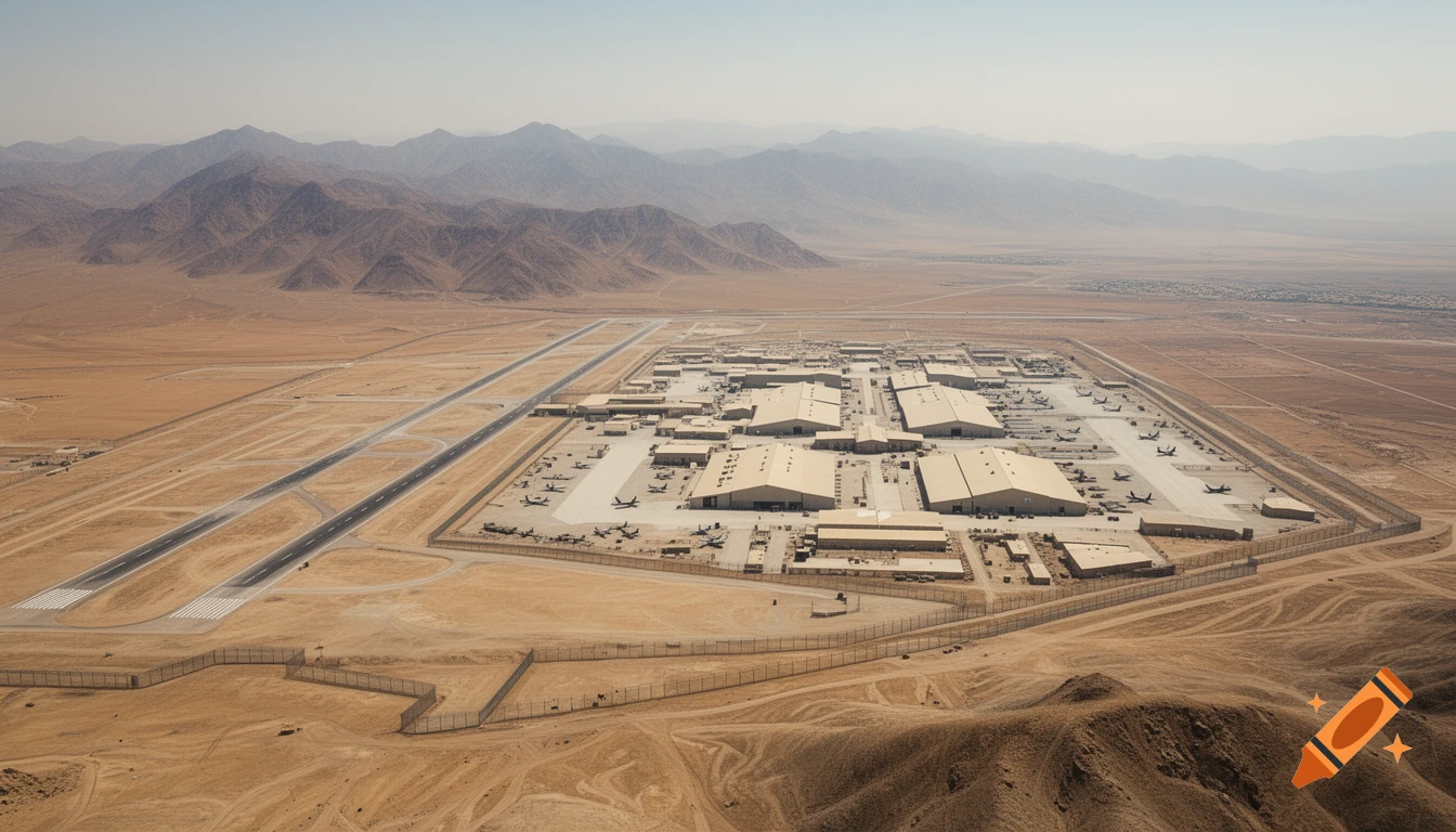 Aerial photo of a large military air base in a desert with multiple hangars, runways, and aircraft, surrounded by mountains.
