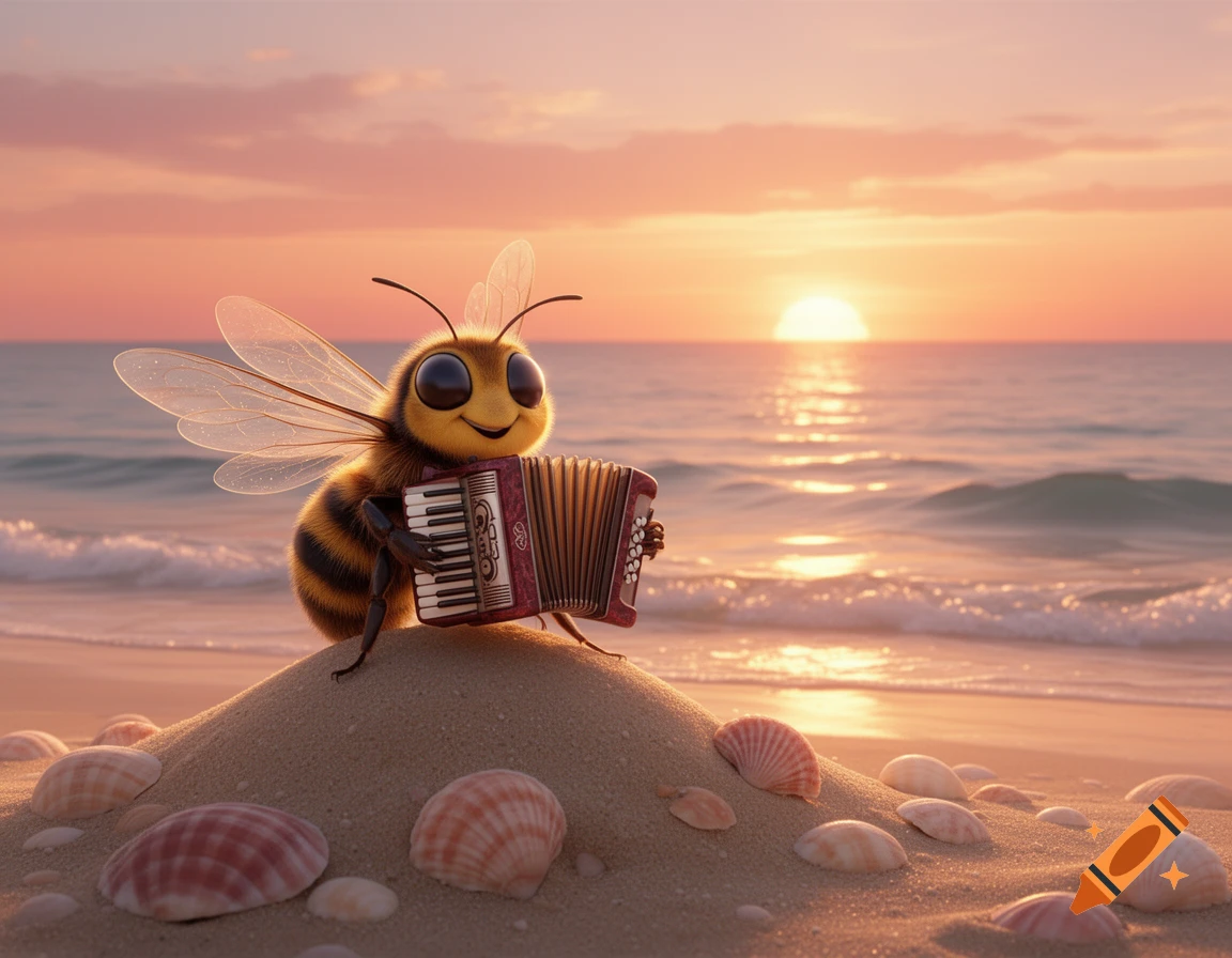 A happy cartoon bee plays a button accordion on a sand dune, surrounded by seashells, with a serene ocean and spectacular orange, pink, and gold sunset in the background.