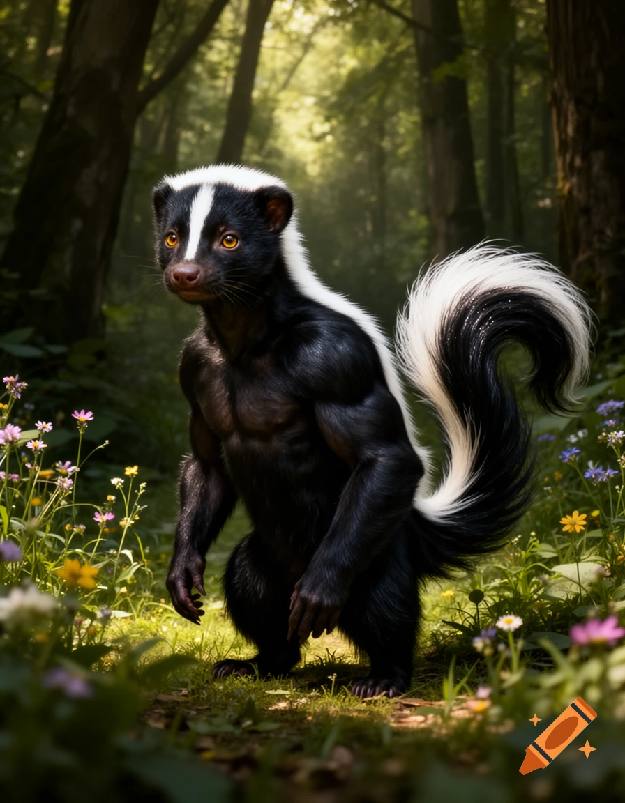 Photorealistic skunk-man with a muscular black body and white stripes, standing in a lush forest with wildflowers.