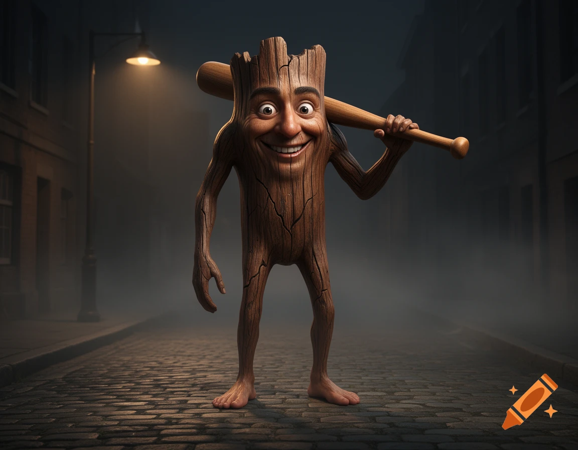 A surreal 3D rendered wooden creature with a wide grin, holding a bat on a foggy street at night.