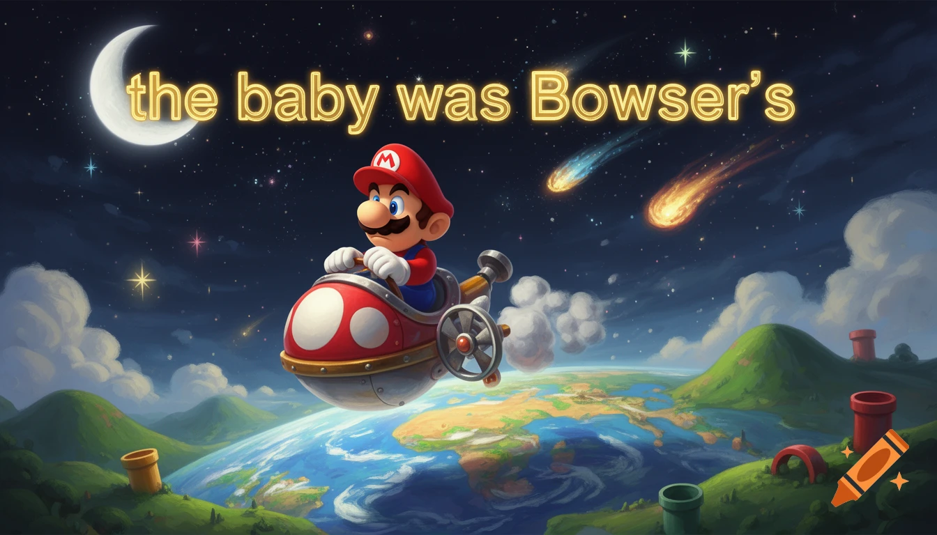 Mario in a mushroom-shaped vehicle flying above Earth in space with text 'the baby was Bowser's' and a crescent moon.