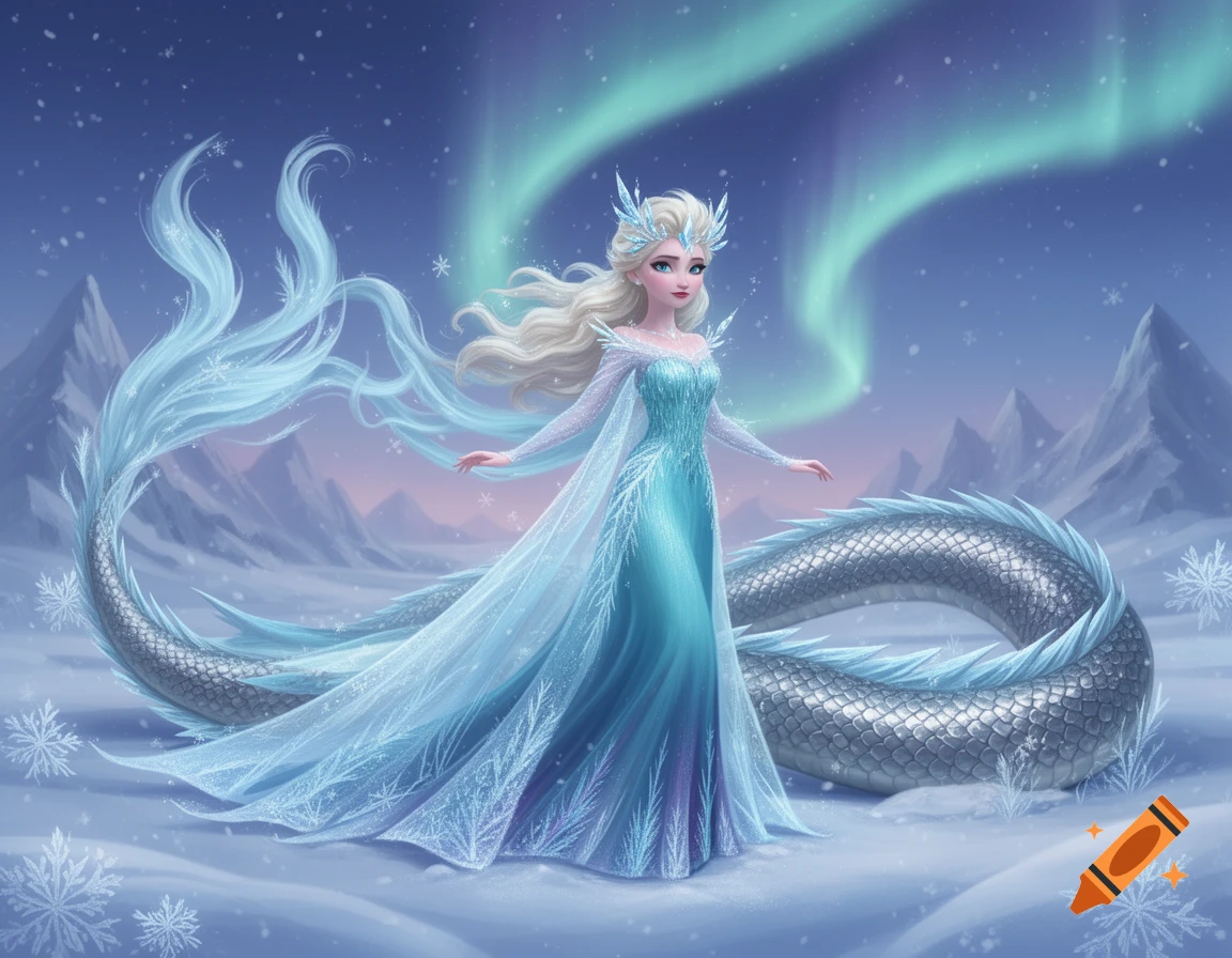 A blonde character resembling Elsa from Frozen, in a sparkly blue gown, has a long silver dragon-like tail in a snowy mountain landscape under the aurora borealis.