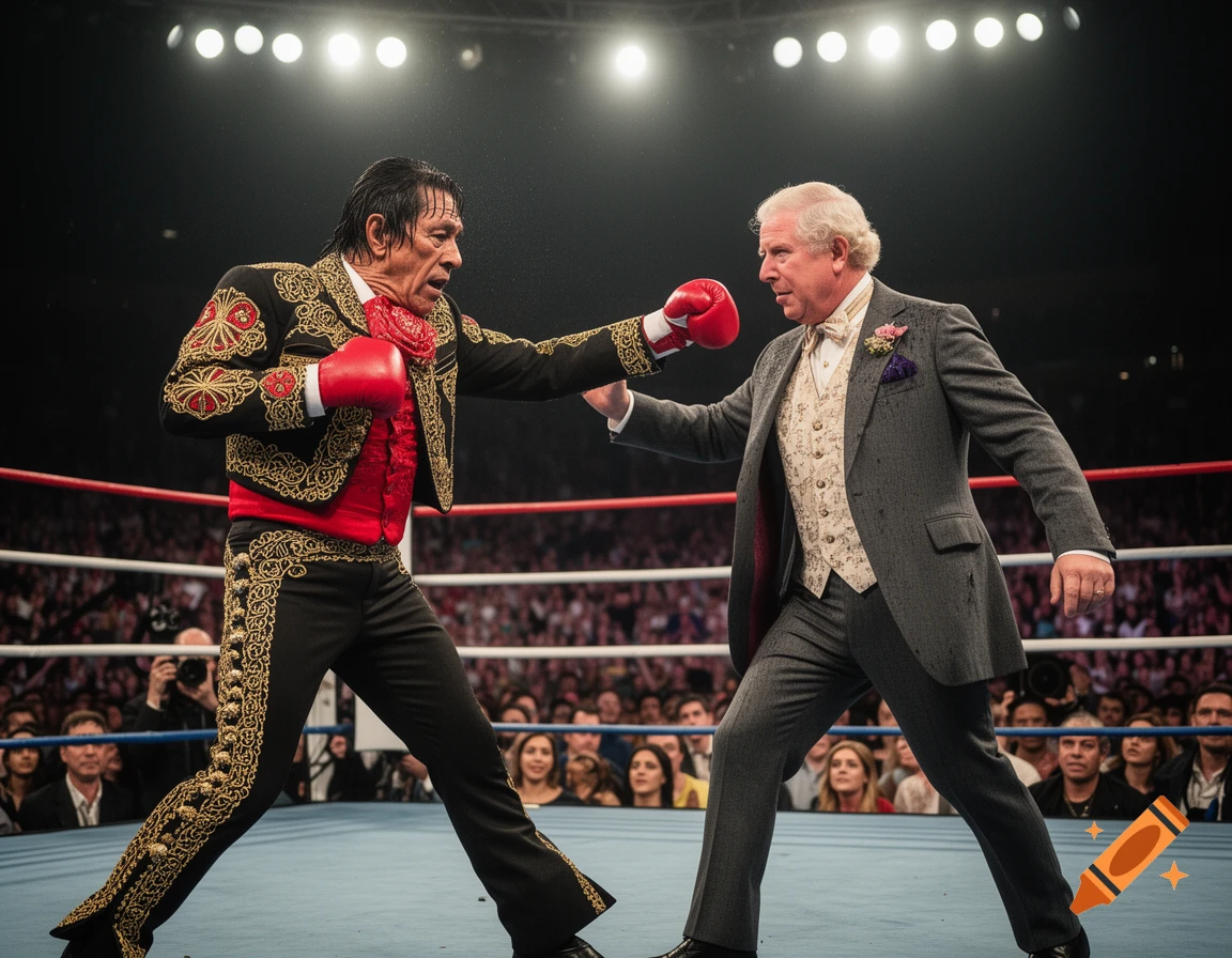 Photorealistic image of Danny Trejo in a black mariachi suit punching King Charles in a grey suit in a boxing ring.